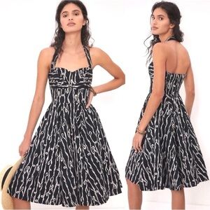 Anthropologie Grapic Print Black/White Halter Dress with Full Swing Skirt- 6